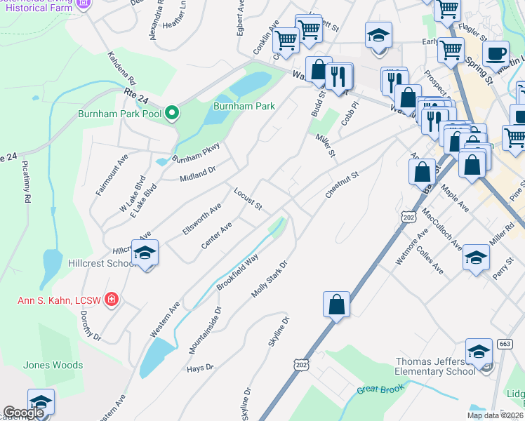 map of restaurants, bars, coffee shops, grocery stores, and more near 129 Western Avenue in Morristown
