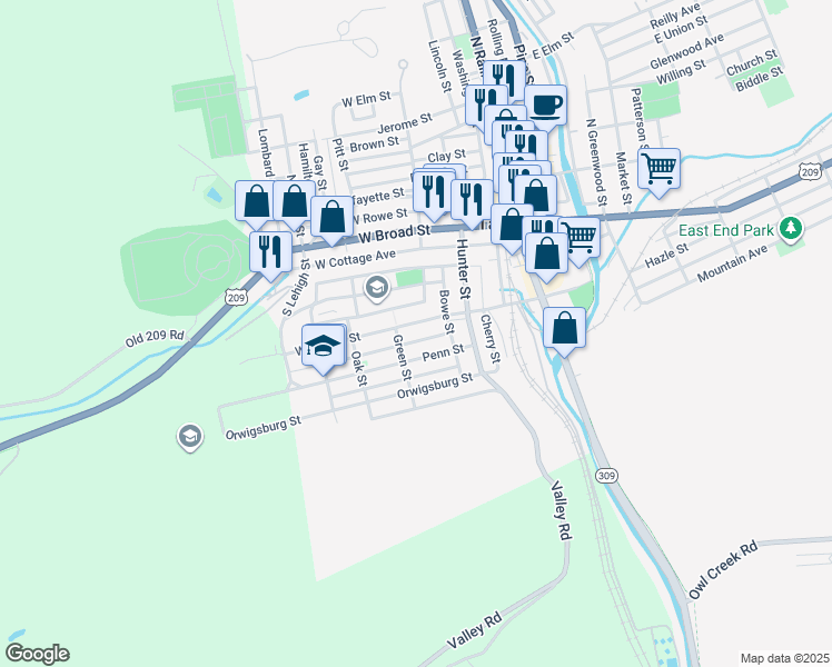 map of restaurants, bars, coffee shops, grocery stores, and more near 162 West Spruce Street in Tamaqua