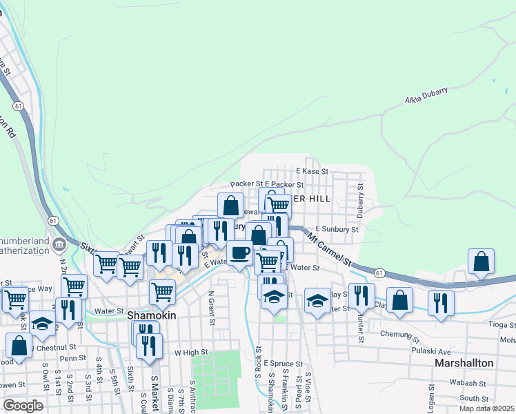 map of restaurants, bars, coffee shops, grocery stores, and more near 315 East Dewart Street in Shamokin