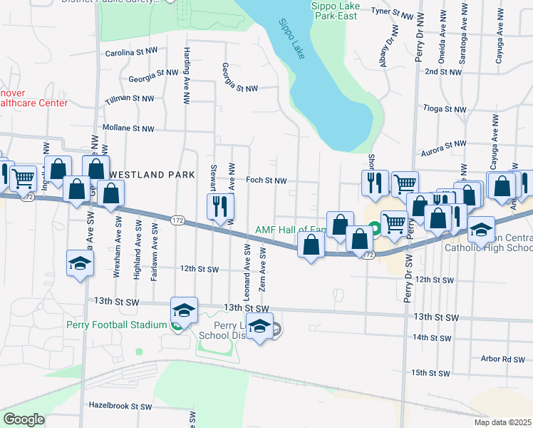 map of restaurants, bars, coffee shops, grocery stores, and more near 143 Eden Avenue Northwest in Massillon