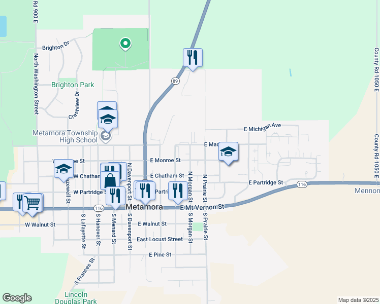 map of restaurants, bars, coffee shops, grocery stores, and more near 401-413 North Morgan Street in Metamora