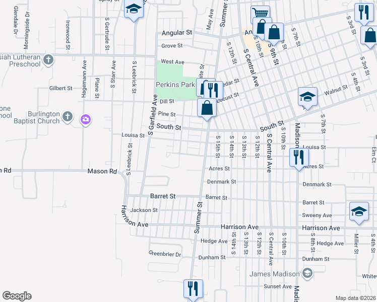 map of restaurants, bars, coffee shops, grocery stores, and more near 1316 Perkins Avenue in Burlington