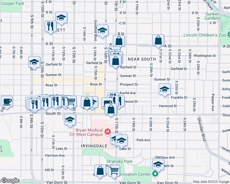 map of restaurants, bars, coffee shops, grocery stores, and more near 1633 Euclid Avenue in Lincoln