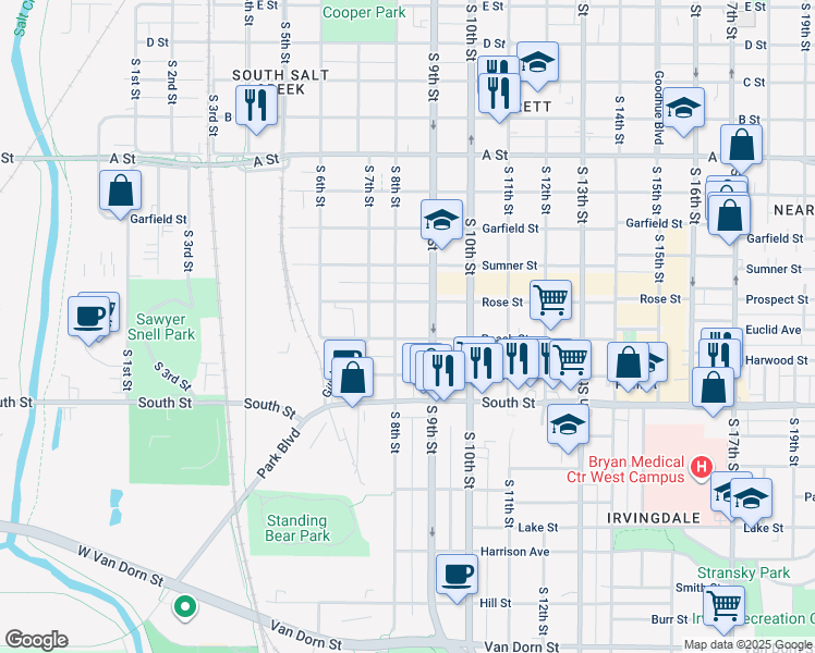 map of restaurants, bars, coffee shops, grocery stores, and more near 820 Peach Street in Lincoln