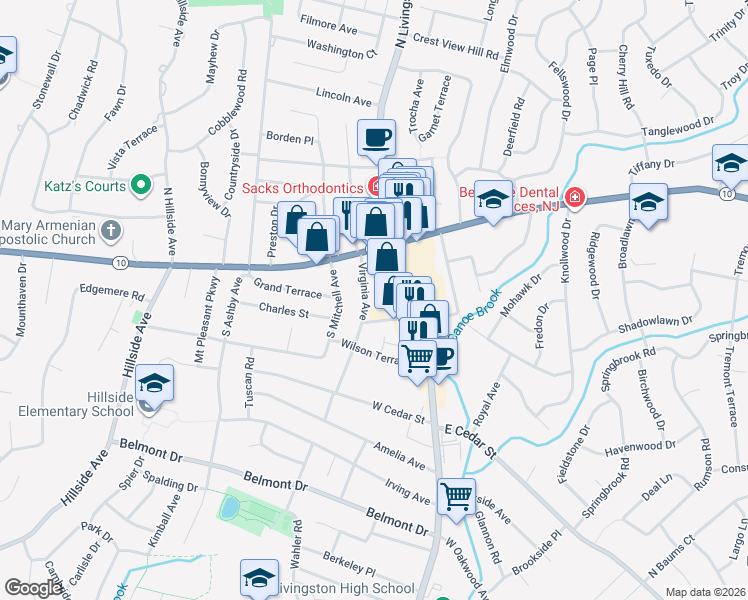 map of restaurants, bars, coffee shops, grocery stores, and more near 31 Virginia Avenue in Livingston