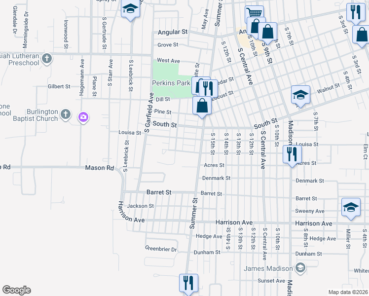 map of restaurants, bars, coffee shops, grocery stores, and more near 1316 Perkins Avenue in Burlington