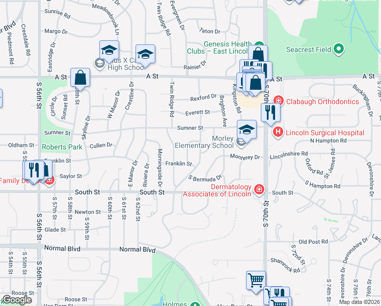 map of restaurants, bars, coffee shops, grocery stores, and more near 1840 Rusty Lane in Lincoln