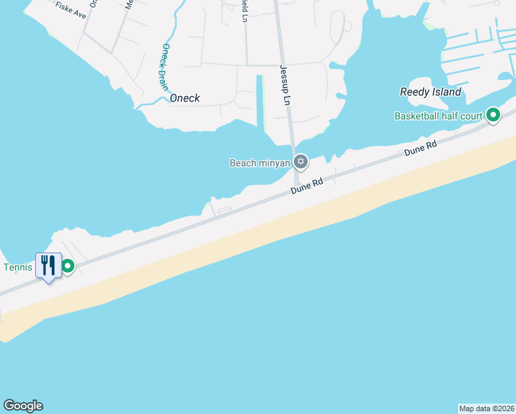map of restaurants, bars, coffee shops, grocery stores, and more near 265 Dune Road in Westhampton Beach