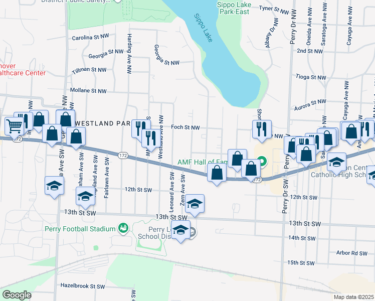 map of restaurants, bars, coffee shops, grocery stores, and more near 143 Eden Avenue Northwest in Massillon