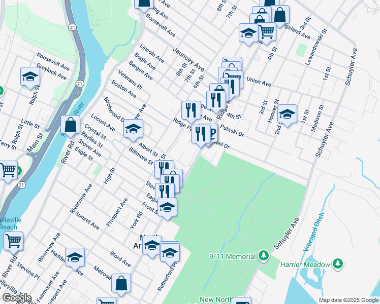 map of restaurants, bars, coffee shops, grocery stores, and more near 425 Ridge Road in North Arlington