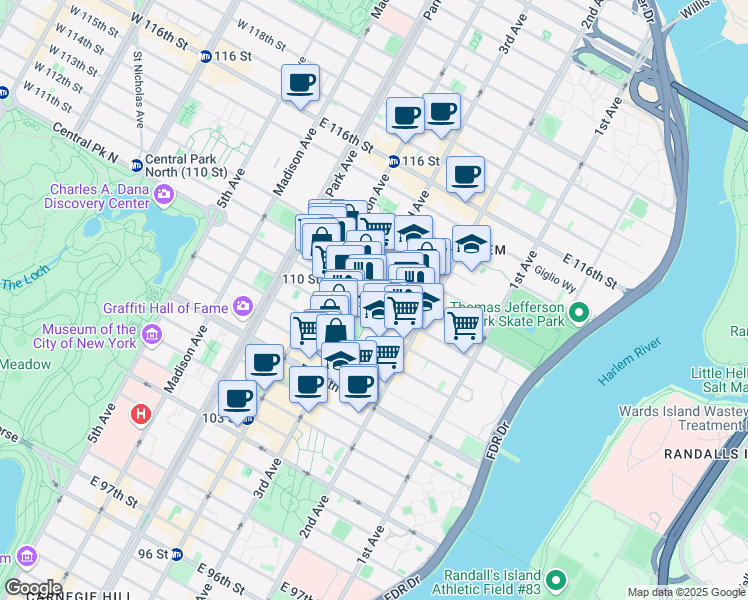 map of restaurants, bars, coffee shops, grocery stores, and more near in New York