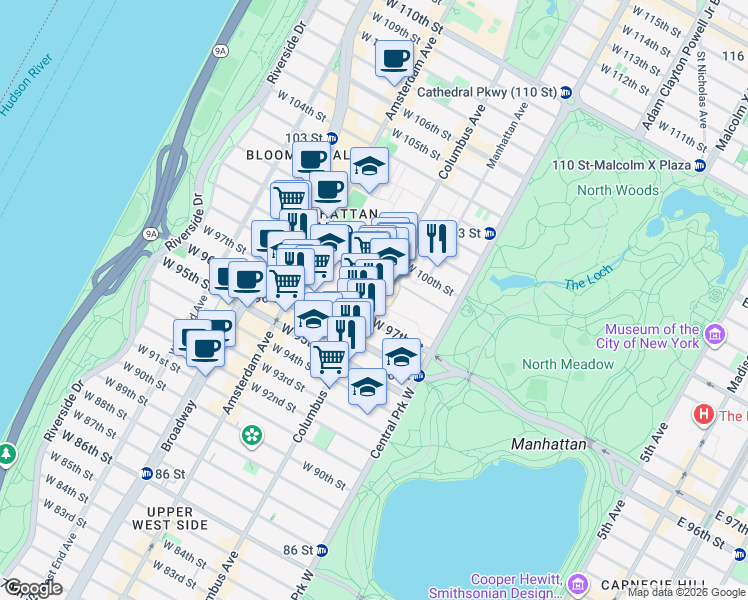 map of restaurants, bars, coffee shops, grocery stores, and more near 808 Columbus Avenue in New York