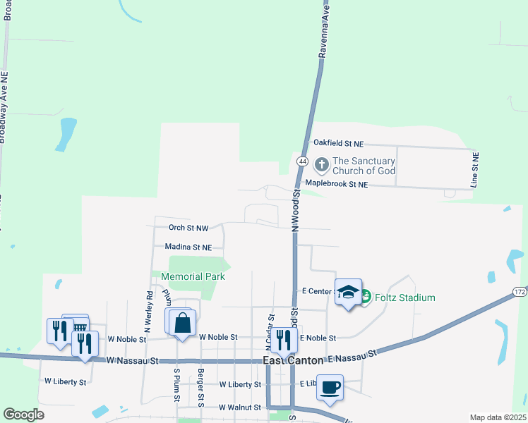 map of restaurants, bars, coffee shops, grocery stores, and more near 100 Orchard Street Northwest in East Canton