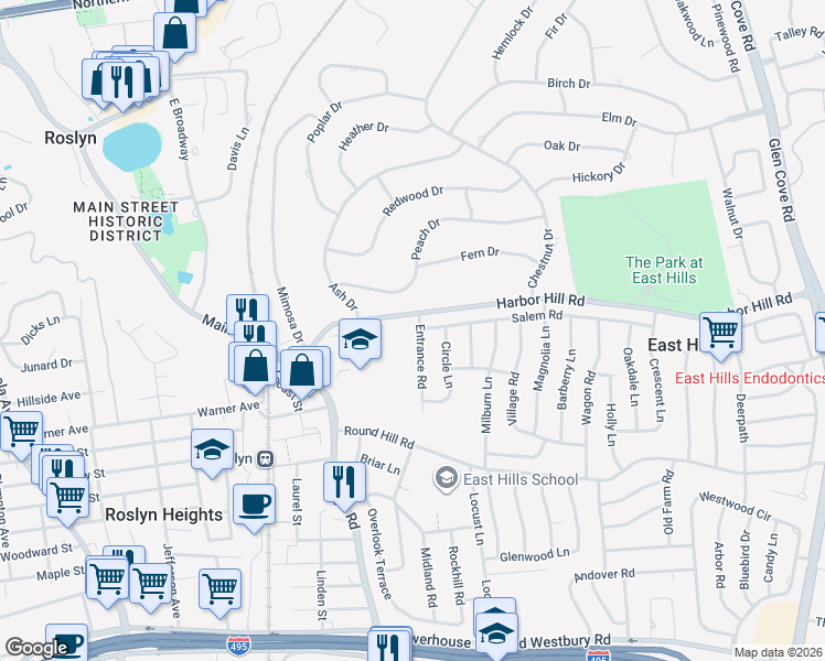 map of restaurants, bars, coffee shops, grocery stores, and more near 11 Entrance Road in Roslyn Heights
