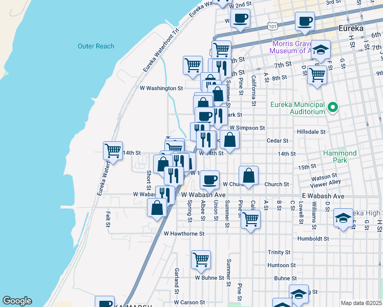 map of restaurants, bars, coffee shops, grocery stores, and more near 813 West 14th Street in Eureka