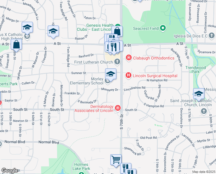 map of restaurants, bars, coffee shops, grocery stores, and more near 6800 Monterey Drive in Lincoln