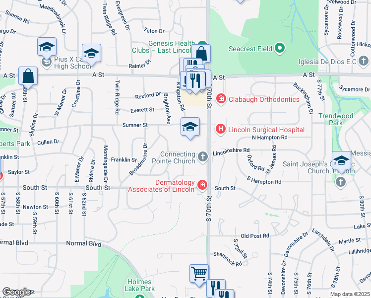 map of restaurants, bars, coffee shops, grocery stores, and more near 6800 Monterey Drive in Lincoln
