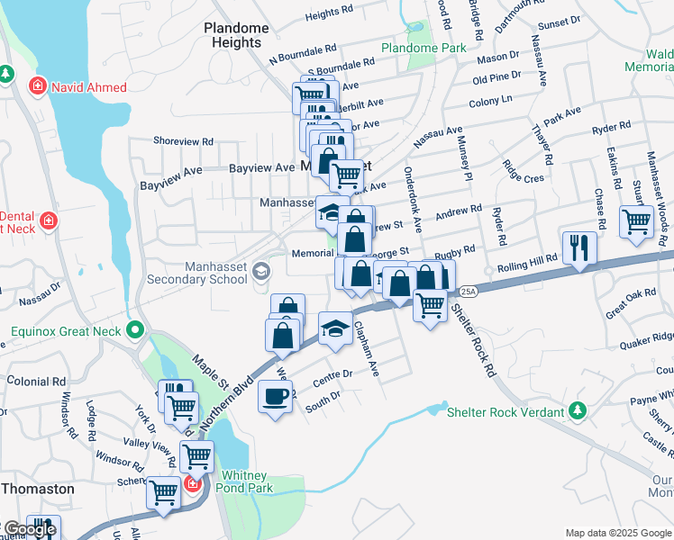 map of restaurants, bars, coffee shops, grocery stores, and more near 29 Dennis Street in Manhasset