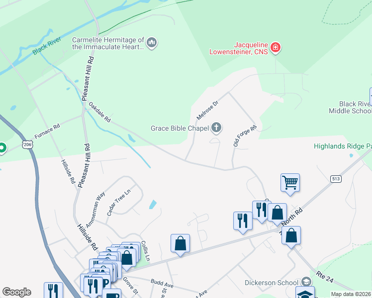 map of restaurants, bars, coffee shops, grocery stores, and more near 3 Melrose Drive in Chester
