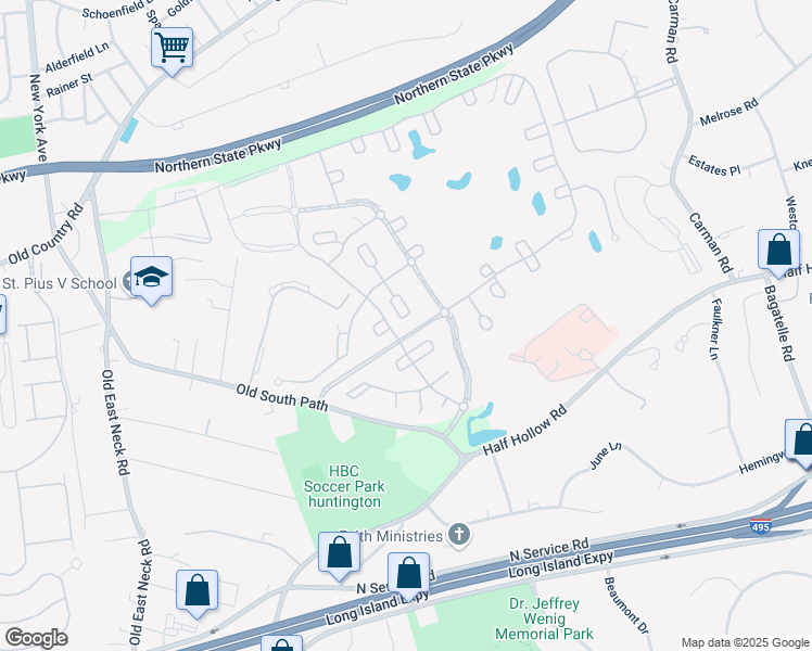 map of restaurants, bars, coffee shops, grocery stores, and more near 588 Bardini Drive in Melville