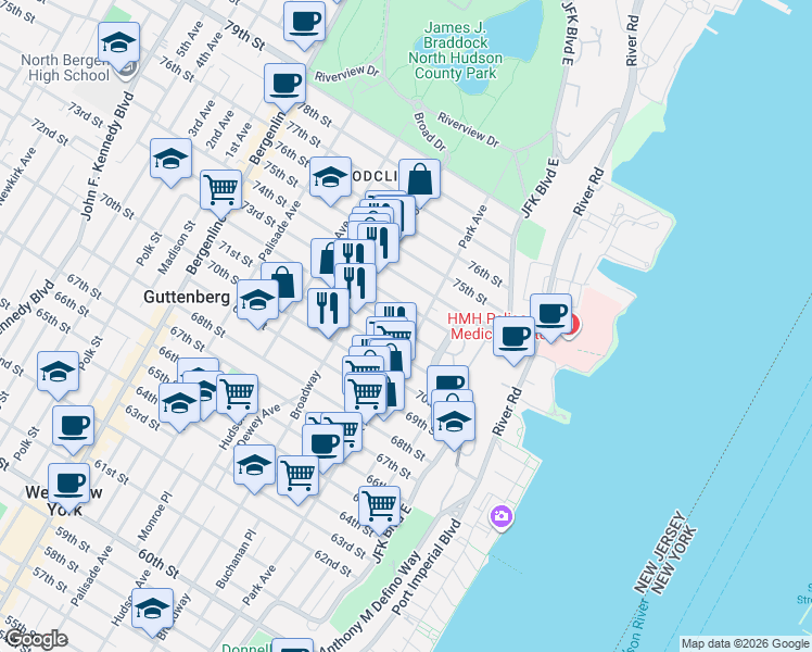 map of restaurants, bars, coffee shops, grocery stores, and more near 108 72nd Street in North Bergen