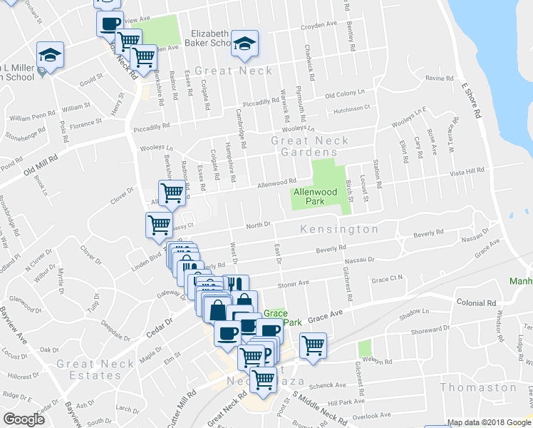 map of restaurants, bars, coffee shops, grocery stores, and more near 1 Sutton Court in Great Neck