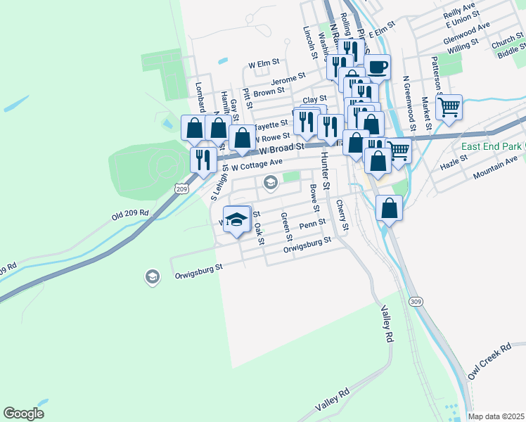 map of restaurants, bars, coffee shops, grocery stores, and more near 231 West Spruce Street in Tamaqua