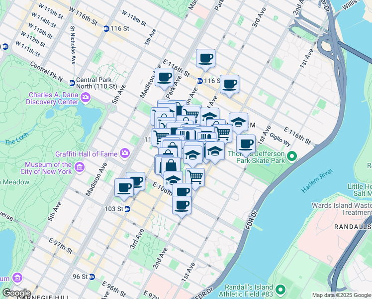 map of restaurants, bars, coffee shops, grocery stores, and more near 3rd Ave & E 110th St in New York