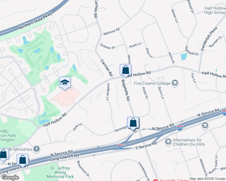 map of restaurants, bars, coffee shops, grocery stores, and more near 22 Faulkner Lane in Dix Hills