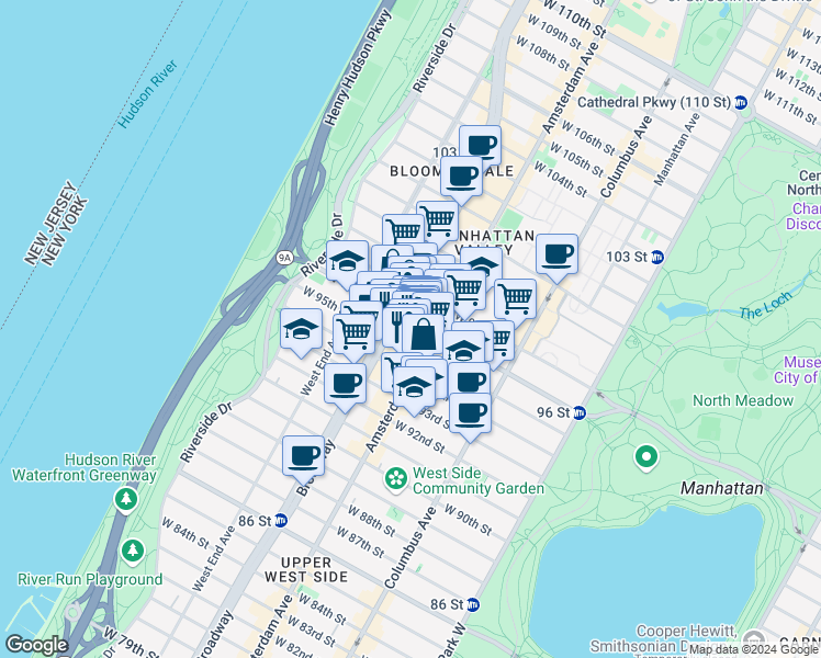 map of restaurants, bars, coffee shops, grocery stores, and more near 210 West 96th Street in New York