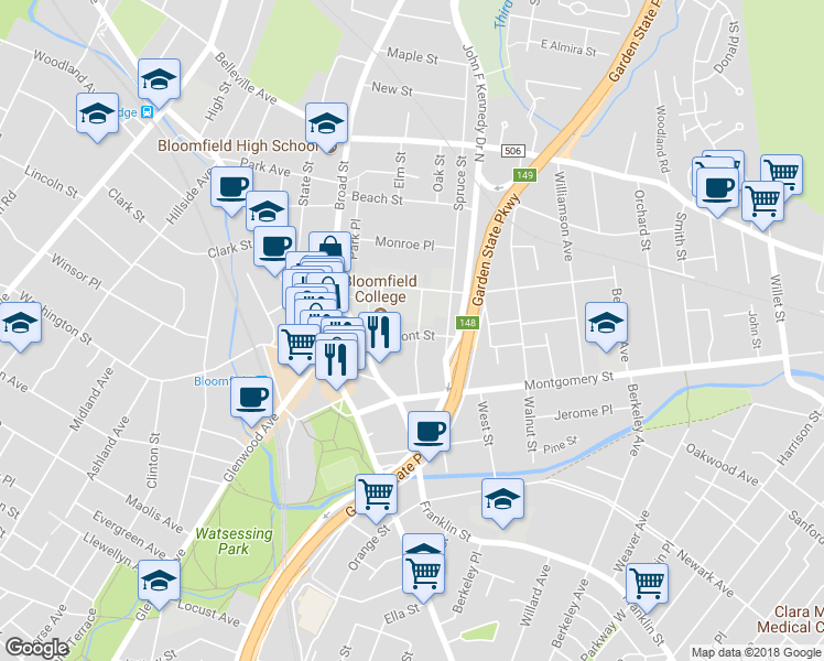 map of restaurants, bars, coffee shops, grocery stores, and more near 45 Fremont Street in Bloomfield