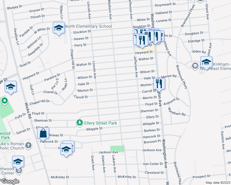 map of restaurants, bars, coffee shops, grocery stores, and more near 206 Madison Avenue in Brentwood