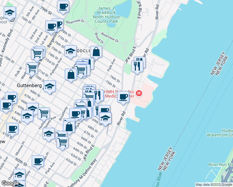 map of restaurants, bars, coffee shops, grocery stores, and more near 7427 Boulevard East in North Bergen