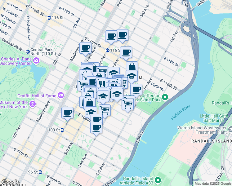 map of restaurants, bars, coffee shops, grocery stores, and more near 236 East 111th Street in New York