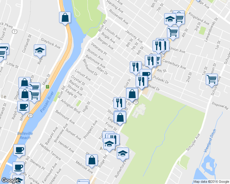 map of restaurants, bars, coffee shops, grocery stores, and more near 106 Albert Street in North Arlington