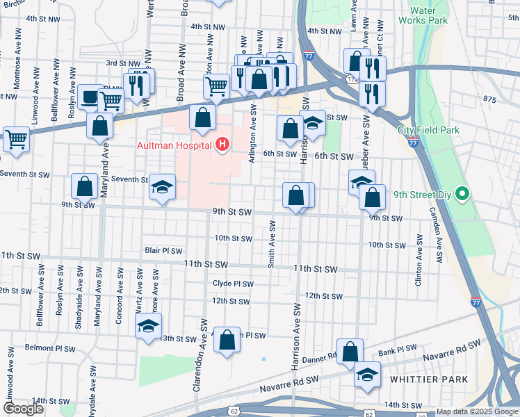 map of restaurants, bars, coffee shops, grocery stores, and more near 2319 9th Street Southwest in Canton