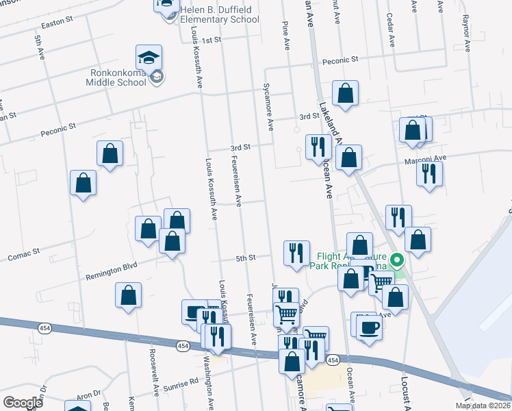 map of restaurants, bars, coffee shops, grocery stores, and more near 1982 Julia Goldbach Avenue in Ronkonkoma