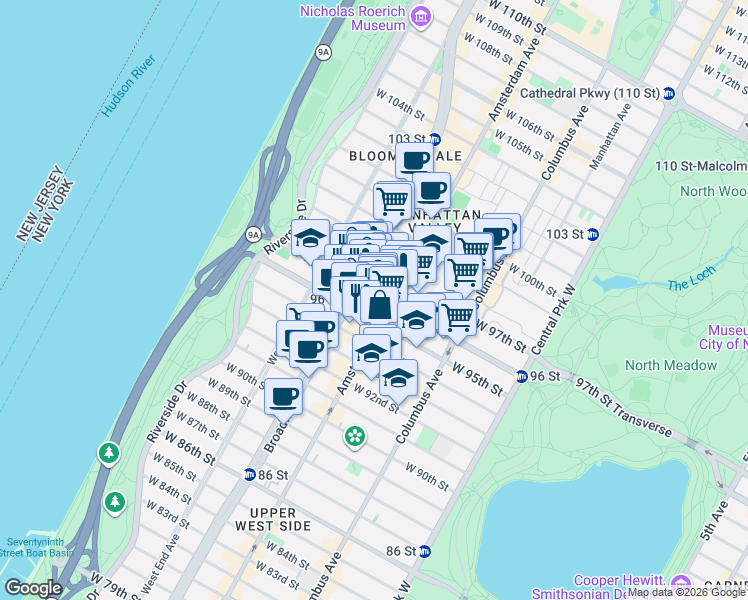 map of restaurants, bars, coffee shops, grocery stores, and more near 202 West 96th Street in New York