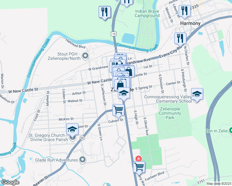 map of restaurants, bars, coffee shops, grocery stores, and more near 114 West Spring Street in Zelienople