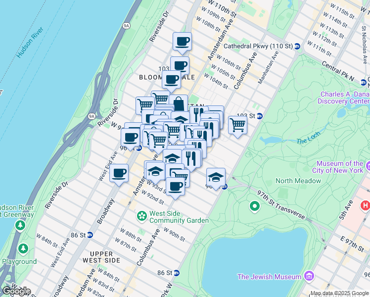 map of restaurants, bars, coffee shops, grocery stores, and more near 135 West 97th Street in New York