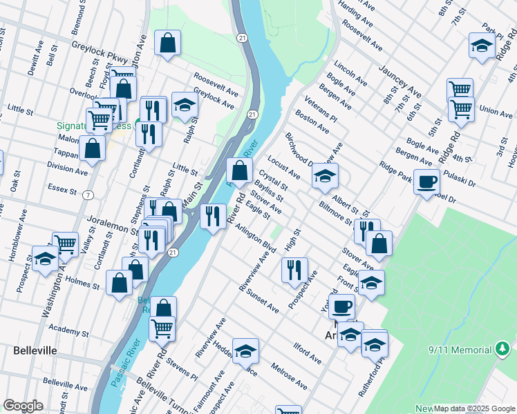 map of restaurants, bars, coffee shops, grocery stores, and more near 4 West Street in North Arlington