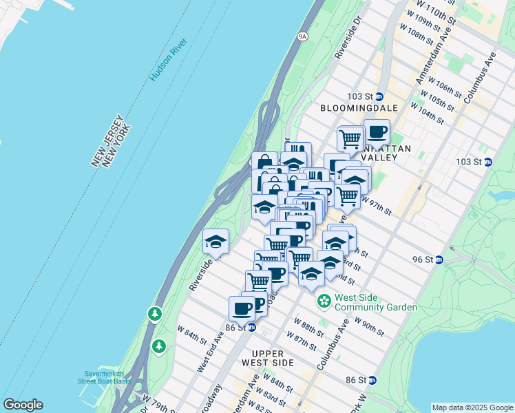 map of restaurants, bars, coffee shops, grocery stores, and more near 317 West 93rd Street in New York
