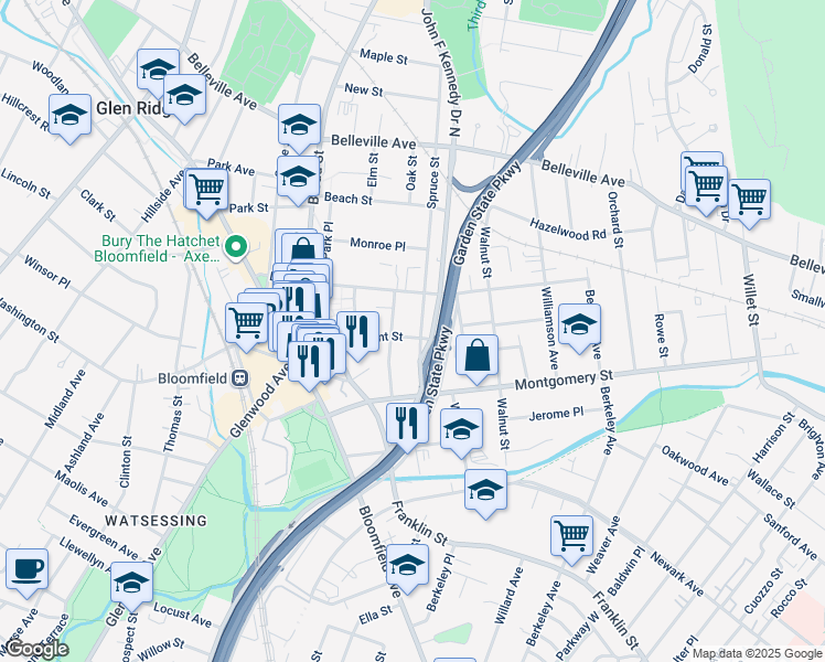 map of restaurants, bars, coffee shops, grocery stores, and more near 48 Spruce Street in Bloomfield
