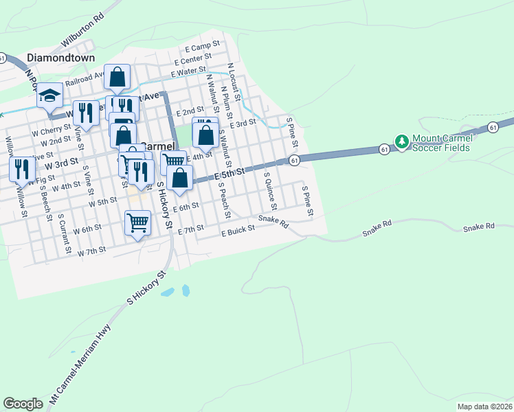 map of restaurants, bars, coffee shops, grocery stores, and more near 329-399 S Plum St in Mt Carmel
