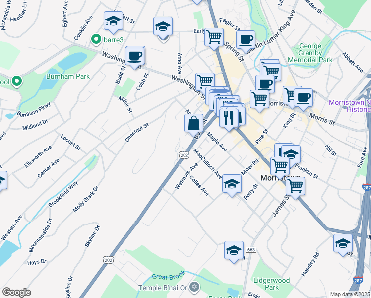 map of restaurants, bars, coffee shops, grocery stores, and more near 5 Mount Kemble Avenue in Morristown