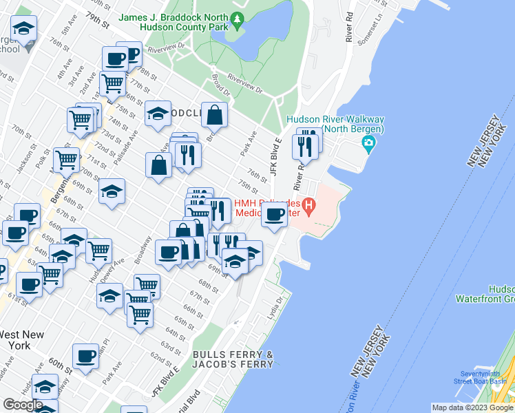 map of restaurants, bars, coffee shops, grocery stores, and more near 7427 Boulevard East in North Bergen