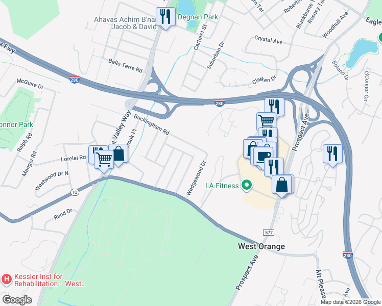 map of restaurants, bars, coffee shops, grocery stores, and more near 1 Nottingham Road in West Orange