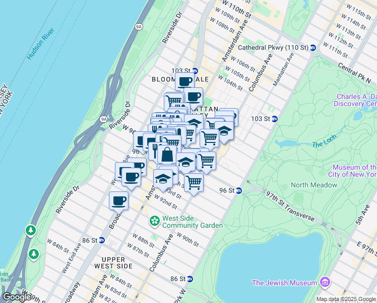 map of restaurants, bars, coffee shops, grocery stores, and more near 743 Amsterdam Avenue in New York