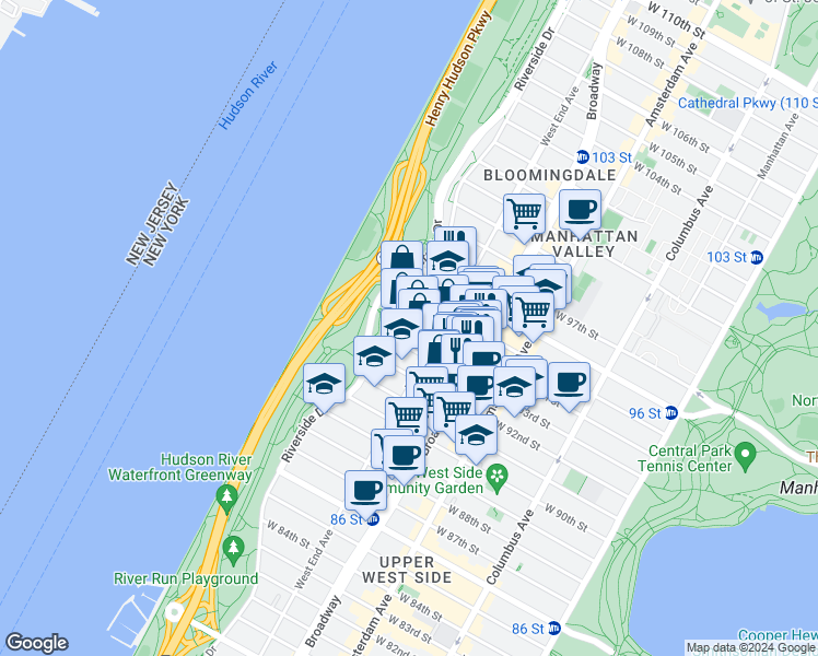 map of restaurants, bars, coffee shops, grocery stores, and more near 317 West 93rd Street in New York