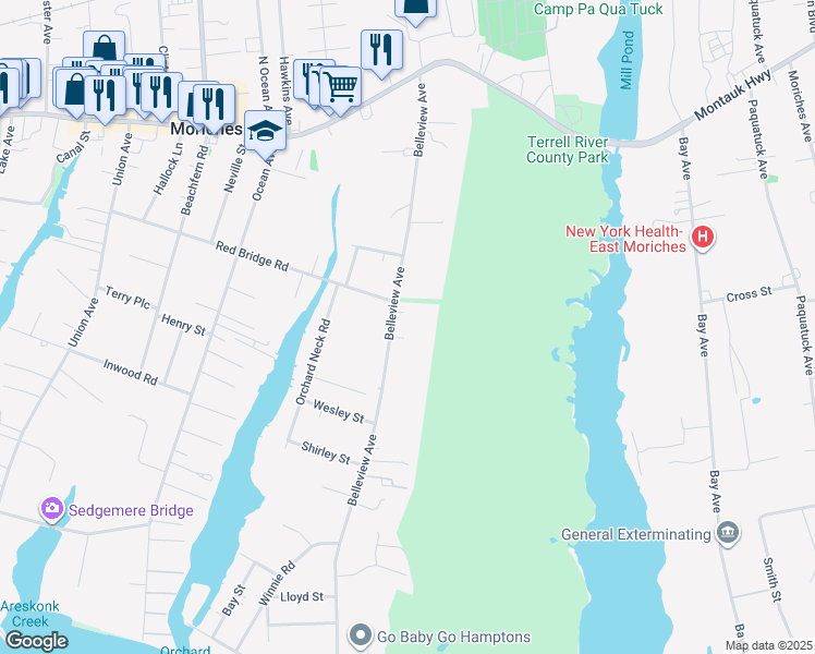 map of restaurants, bars, coffee shops, grocery stores, and more near 91 Belleview Avenue in Center Moriches